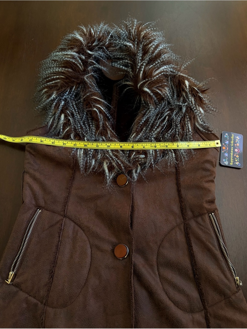 Women's Brown Faux-Suede Sleeveless Vest with Faux-Fur Trim Hood - Picture 4 of 8